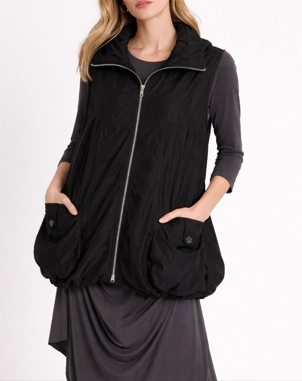 Sun Kim Tina Black Lagenlook Bubble Hem Zip Vest Oversized Pockets Size S